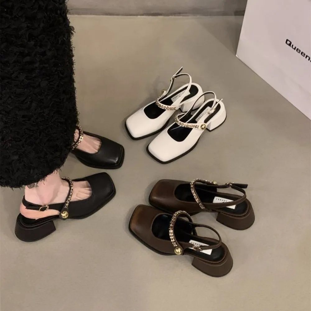 Francese Nero Tacchi Alti Sandali Baotou Scarpe da Donna 2024 Nuova Primavera E L'estate Tacco Spesso Mary Jane Scarpe da Sera