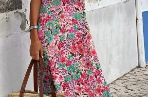 Maxi abito con stampa floreale, rosa