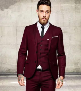 Mens Fashion Vino Rosso Borgogna Abiti da uomo Slim Fit Formale Tailor Made Groom Prom Tuxedo 3 pezzi Giacca da uomo Blazer Jack