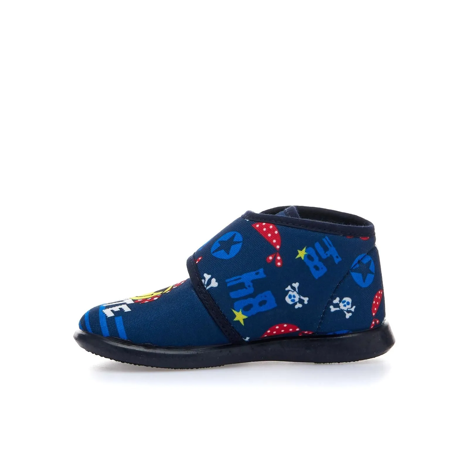 Pantofole blu da asilo con stampa pirati e velcro